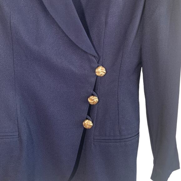 Vintage 90s Petite Navy Blue Blazer Jacket Hourglass Gold Button Asymmetrical 4 - Picture 4 of 10